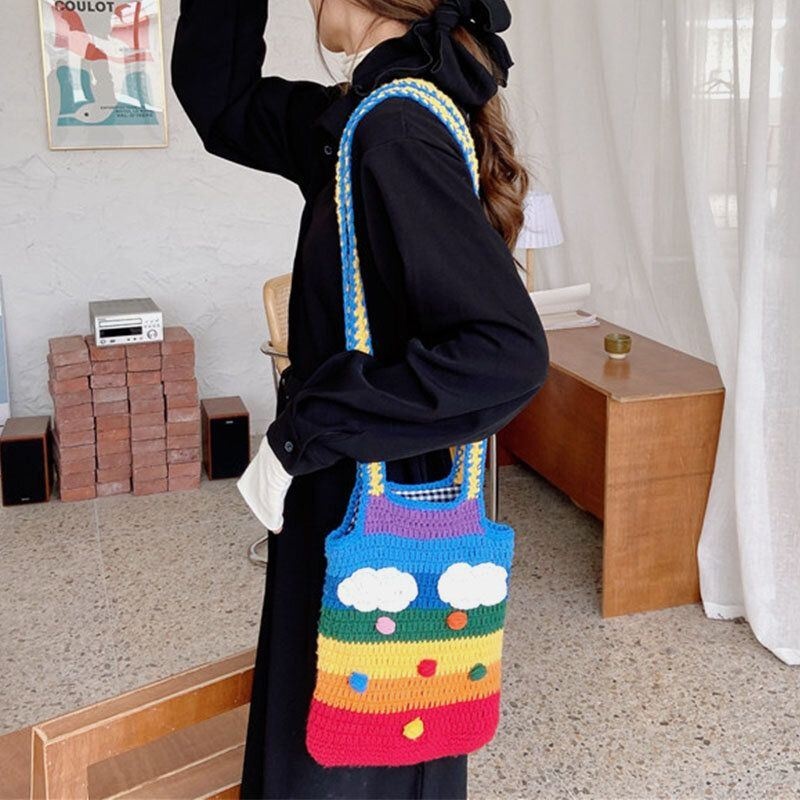 Kobiety Rainbow Stripe Cartoon Cute Casual Youth Wełniana Torba Z Dzianiny Torebka Tote Crossbody Bag