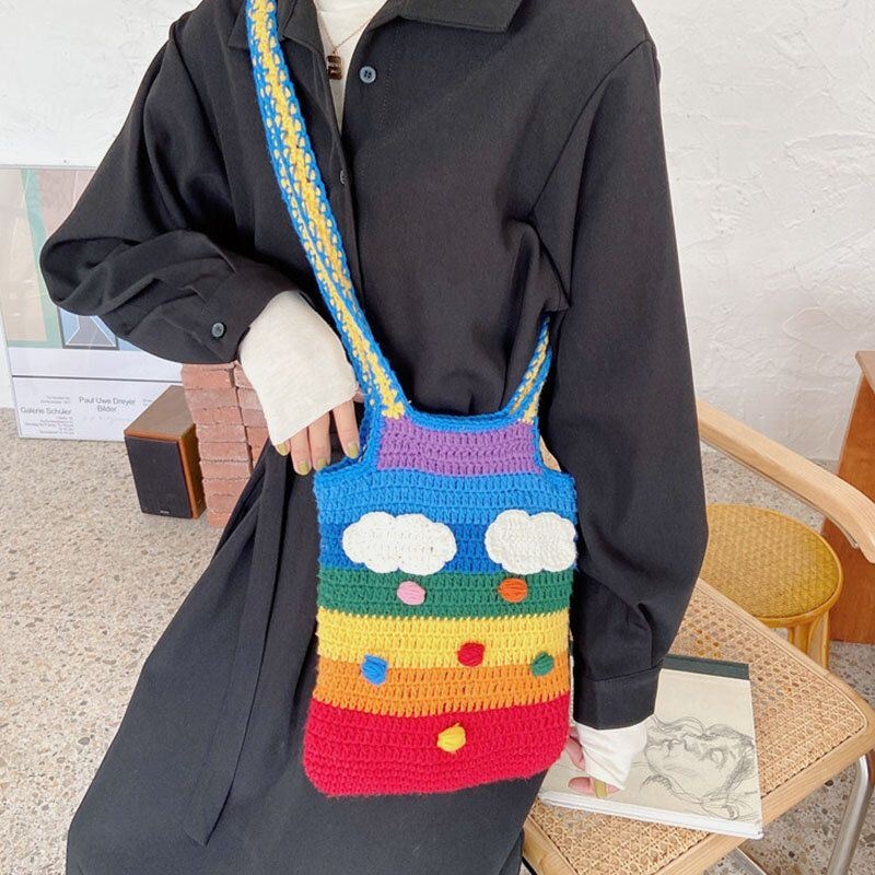 Kobiety Rainbow Stripe Cartoon Cute Casual Youth Wełniana Torba Z Dzianiny Torebka Tote Crossbody Bag