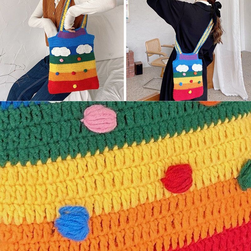 Kobiety Rainbow Stripe Cartoon Cute Casual Youth Wełniana Torba Z Dzianiny Torebka Tote Crossbody Bag