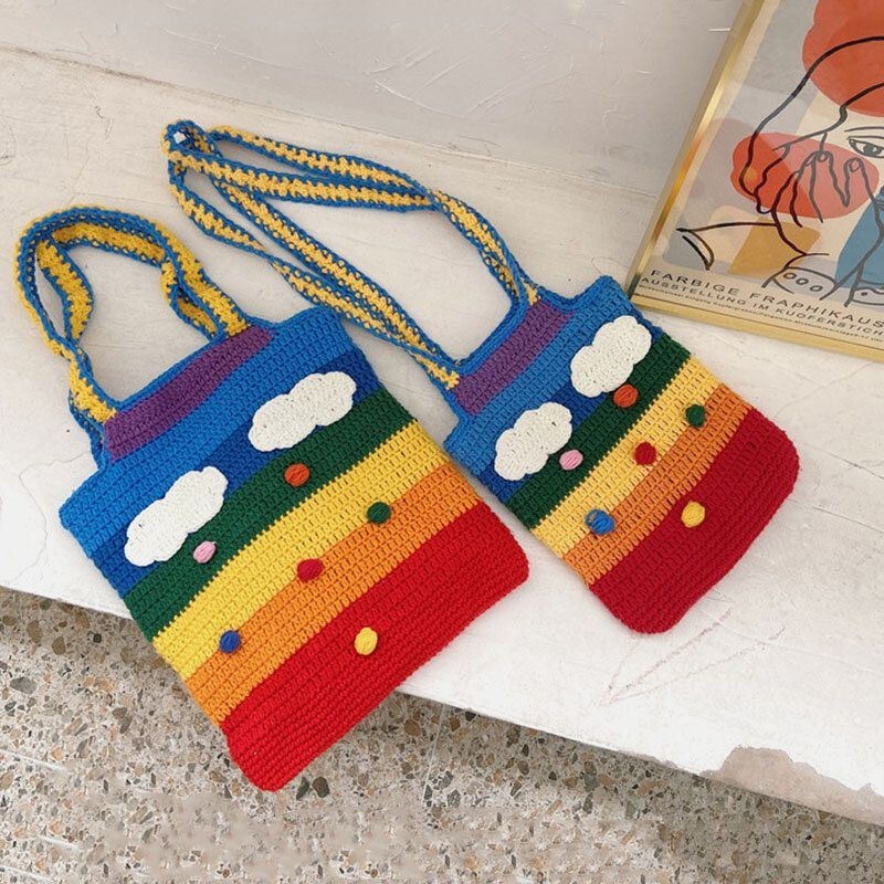 Kobiety Rainbow Stripe Cartoon Cute Casual Youth Wełniana Torba Z Dzianiny Torebka Tote Crossbody Bag