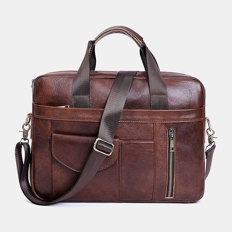 Mężczyźni Wielofunkcyjna Skórzana Torba Na Laptopa 15.6 Cal Teczki Retro Multi-kieszeni Torba Crossbody Torba Na Ramię