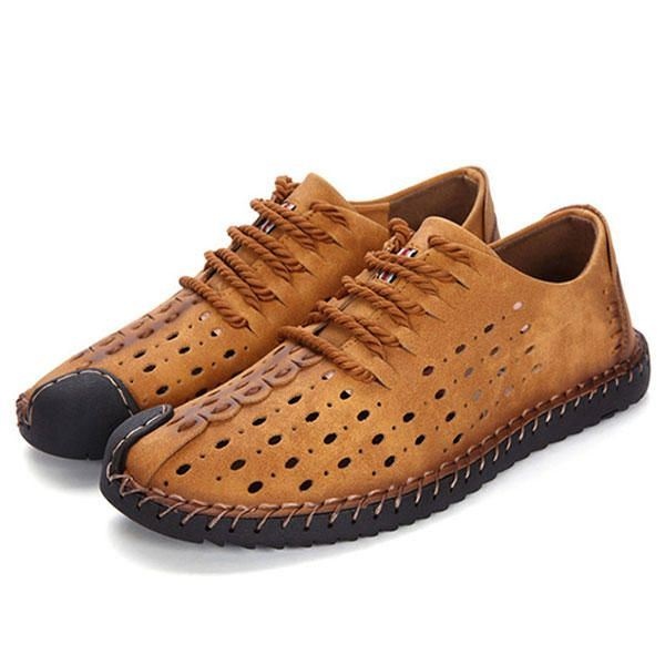 Męskie Brytyjskie Szwy Ręczne Hollow Out Lace Up Casual Mieszkania