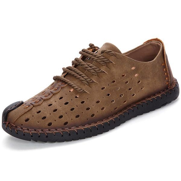 Męskie Brytyjskie Szwy Ręczne Hollow Out Lace Up Casual Mieszkania