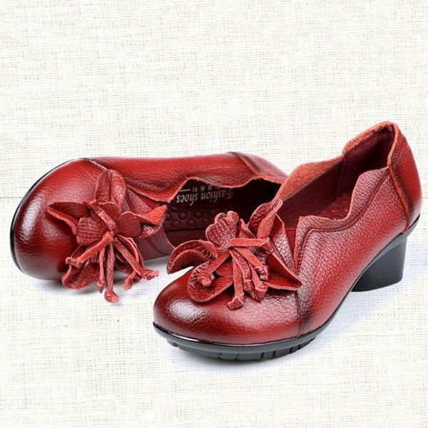Damskie Duże Rozmiary Kwiatowe Dekoracje Pure Color Mid Heel Retro Pumps