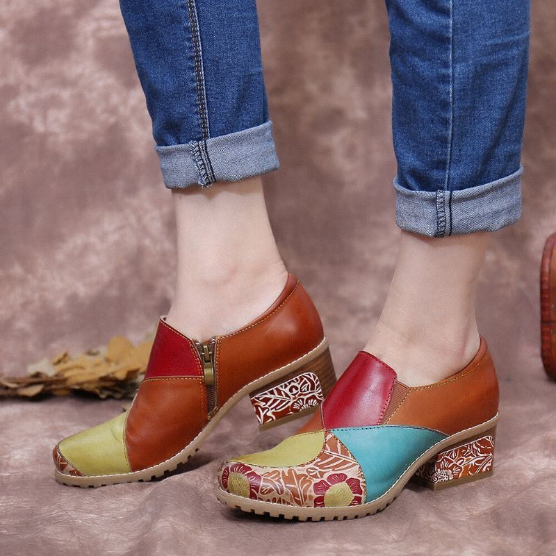 Damskie Retro Kontrastowe Łączenie Skórzany Zamek Niski Obcas Botki Slip On Block Heel Pumps