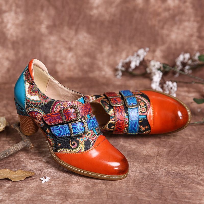 Damskie Retro Prawdziwej Skóry Folkways Hook Loop Buckle Strap Chunky Heel Pumps