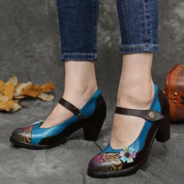 Damskie Retro Skórzane Kwieciste Łączenie Masywne CZółenka Na Obcasie Mary Jane Dress Shoes