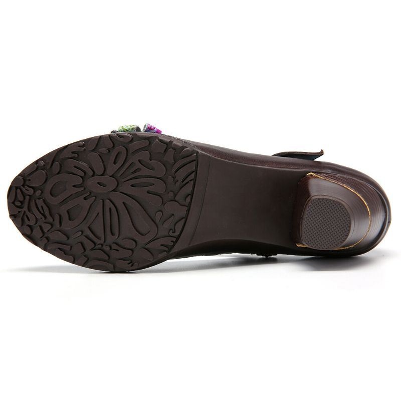 Damskie Retro Skórzane Kwieciste Łączenie Masywne CZółenka Na Obcasie Mary Jane Dress Shoes