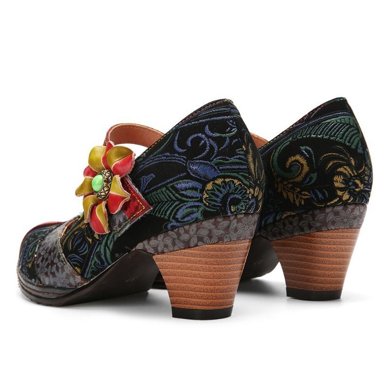Damskie Skórzane Haczyki I Pętelki Wygodne Retro Colorblock Floral Decor Mary Jane Heels
