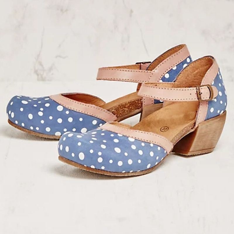 Kobiety Polka Dot Okrągły Toe Pasek Kostki Obcas Bloku Dorywczo Wygodne Obcasy CZółenka