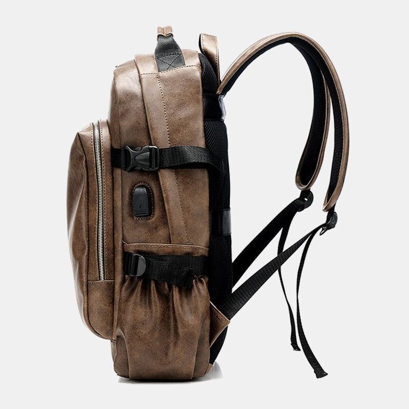 Mężczyźni Pu Leather Usb Charging Business Casual Wodoodporna 14-calowa Torba Na Laptopa Student School Bag Regulowany Plecak