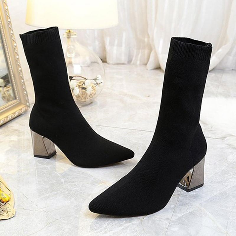 Damskie Buty Z Elastyczną Skarpetą Na Grubym Obcasie Buty Do Połowy Łydki