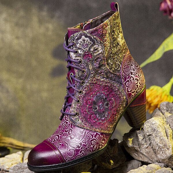 Damskie Buty Z Prawdziwej Skóry W Kwiatowy Wzór Retro Do Połowy Łydki