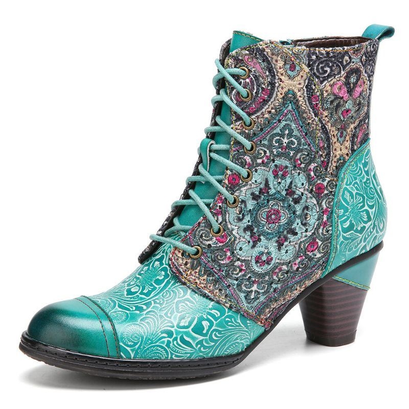 Damskie Buty Z Prawdziwej Skóry W Kwiatowy Wzór Retro Do Połowy Łydki