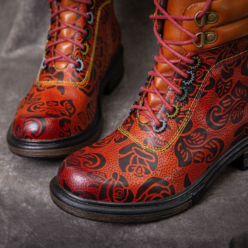 Damskie Buty Z Prawdziwej Skóry W Stylu Retro Z Kwiatowym Wzorem Zapinane Na Zamek Z Boku Krótkie Buty Martin