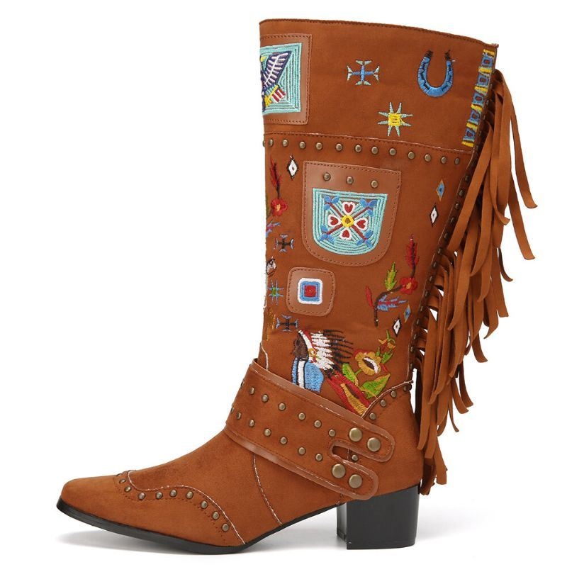 Damskie Folkways Haftowane Tassel Deocr Poręczny Masywny Obcas Buty Do Połowy Łydki
