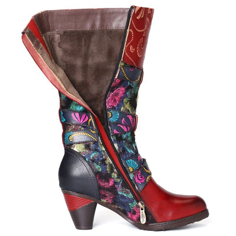 Damskie Retro Akwarela Wytłoczony Zdobiony Pasek Z Klamrą Eleganckie Miękkie Buty Na Szpilce Połowy Łydki