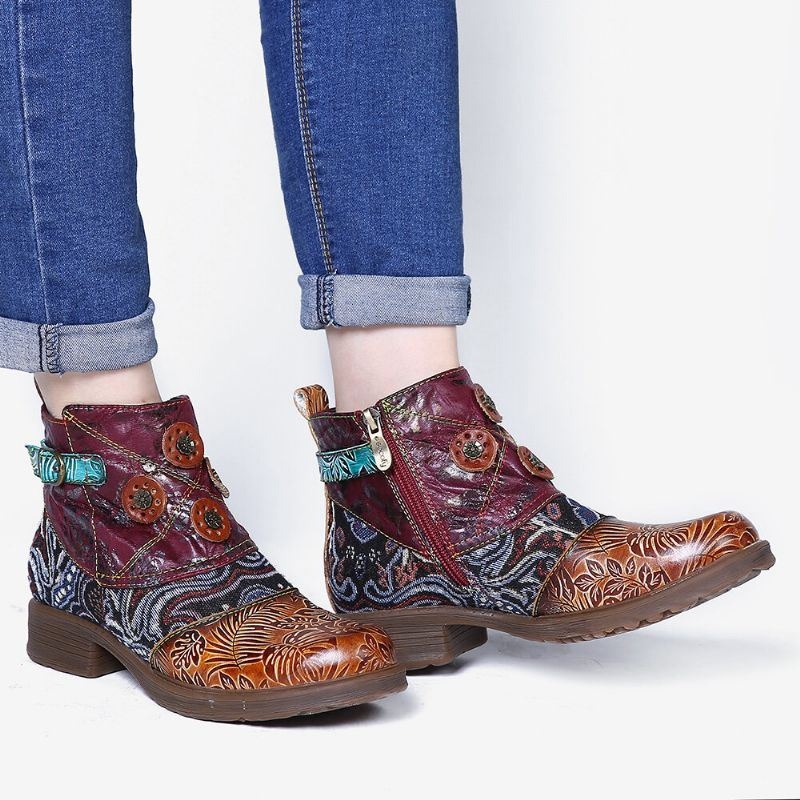 Damskie Retro Kwiatowy Wzór Łączenie Regulowane Dorywczo Okrągłe Toe Zipper Botki