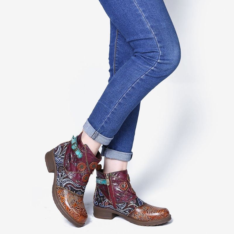 Damskie Retro Kwiatowy Wzór Łączenie Regulowane Dorywczo Okrągłe Toe Zipper Botki
