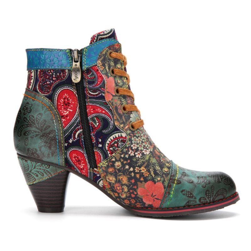 Damskie Retro Paisley Wzór Skórzany Patchwork Sznurowany Projekt Boczny Zamek Wygodne Niski Obcas Krótkie Botki