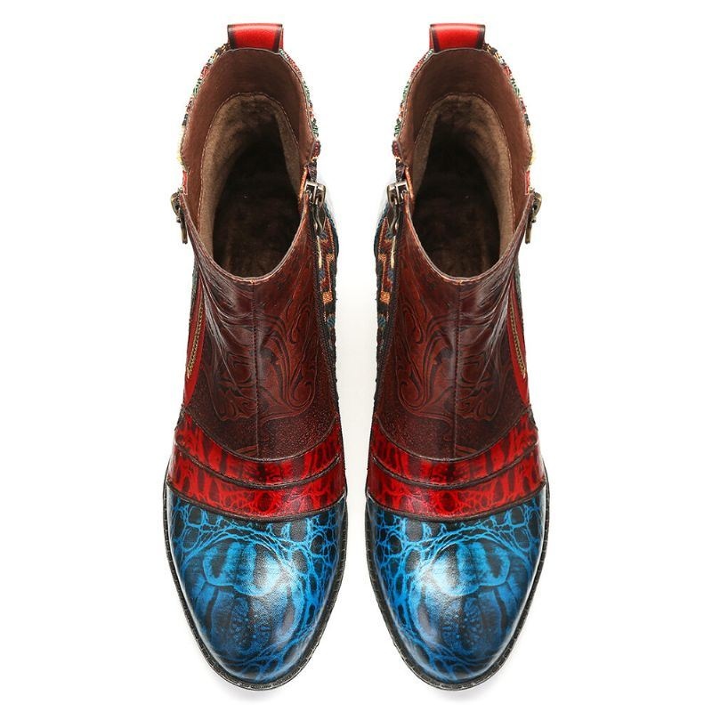 Damskie Retro Skórzane Tłoczone Kwiaty Łączenie Styl Folkways Dwustronny Zamek Casual Buty