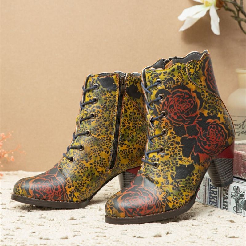 Damskie Vintage Kwiaty Drukowane Wygodne Ciepłe Podszewka Zipper Masywny Obcas Krótkie Buty