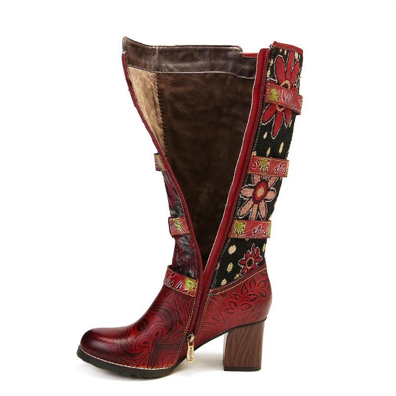 Damskie W Stylu Vintage Tłoczone Prawdziwej Skóry Przeszycia Druk Metalowa Klamra Buty Do Połowy Łydki
