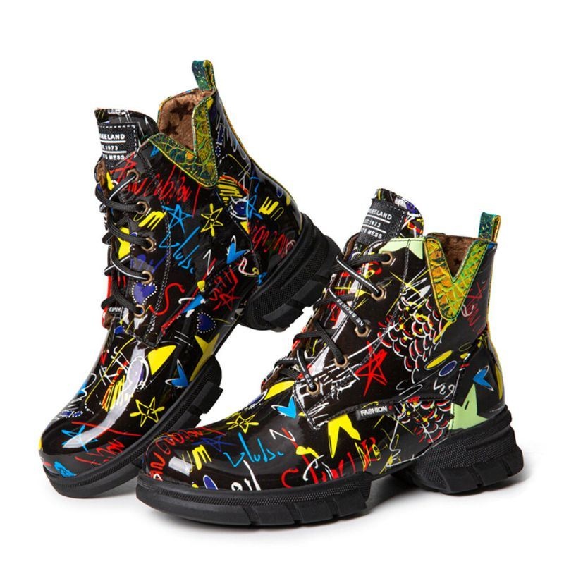 Kobiety Casual Graffiti Stytish Sznurowane Grube Dół Buty Bojowe Z Krótkimi Łydkami