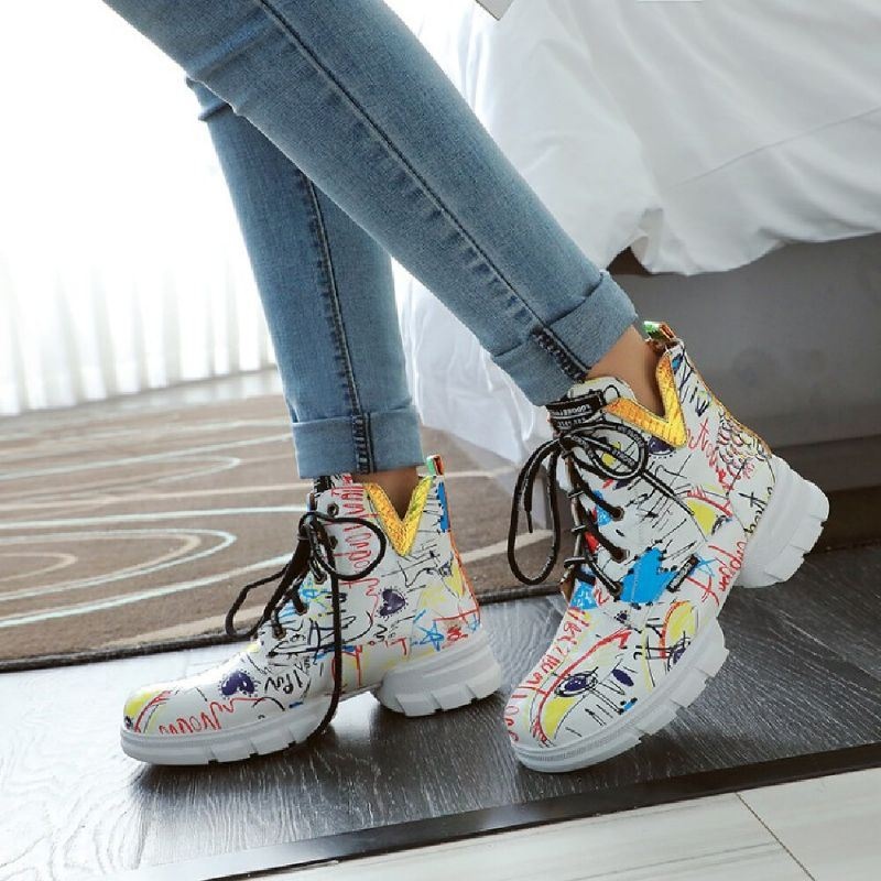 Kobiety Casual Graffiti Stytish Sznurowane Grube Dół Buty Bojowe Z Krótkimi Łydkami