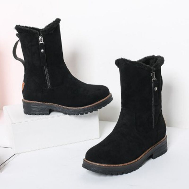 Kobiety Casual Zamszowe Okrągłe Toe Boczne Płaskie Buty Śniegowe Na Suwak