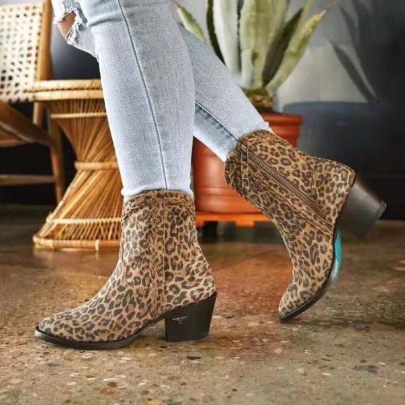 Kobiety Retro Krótkie Skórzane Leopard Print V-cut Pointy-toe Chunky Heel Knight Boots