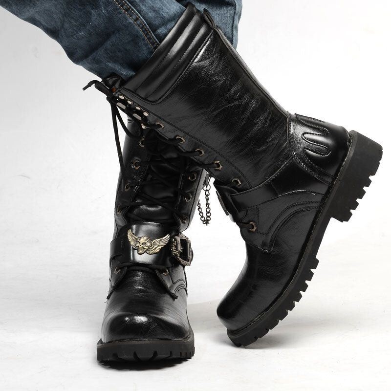 Męskie Antypoślizgowe Metalowe Ozdoby Wysokie Buty Motocyklowe