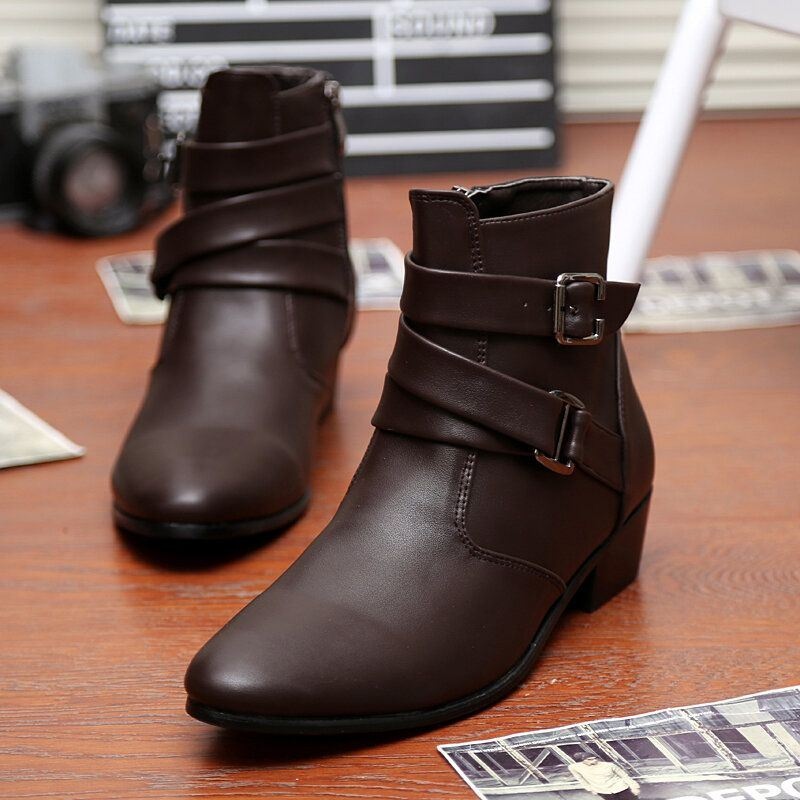 Męskie Skórzane Wygodne Miękkie Podeszwy Pointy Toe Vintage Zipper Pure Color Casual Boots