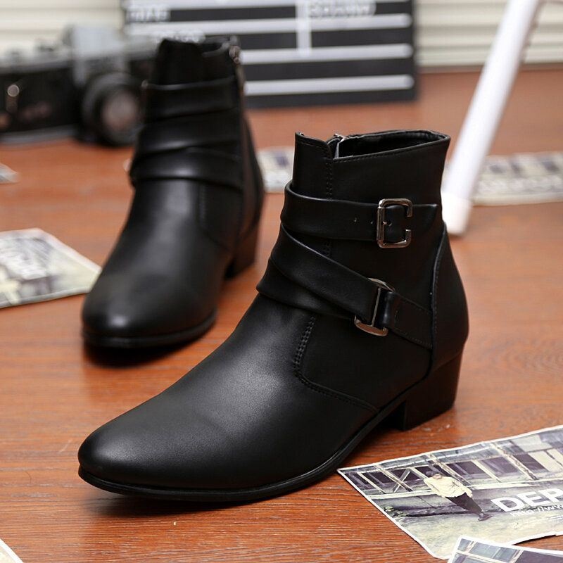 Męskie Skórzane Wygodne Miękkie Podeszwy Pointy Toe Vintage Zipper Pure Color Casual Boots