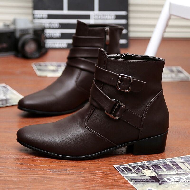 Męskie Skórzane Wygodne Miękkie Podeszwy Pointy Toe Vintage Zipper Pure Color Casual Boots