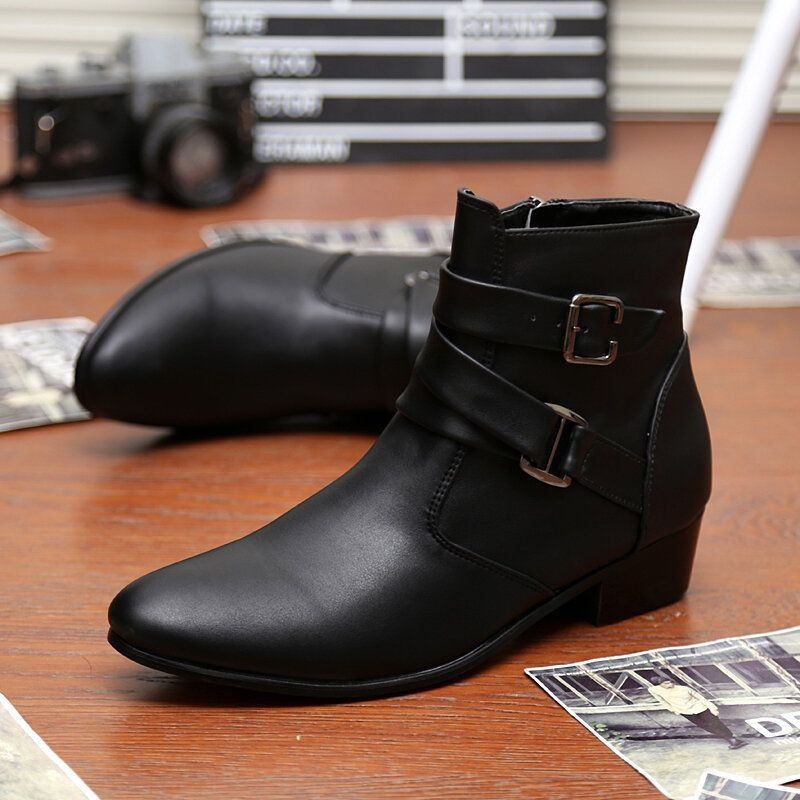 Męskie Skórzane Wygodne Miękkie Podeszwy Pointy Toe Vintage Zipper Pure Color Casual Boots
