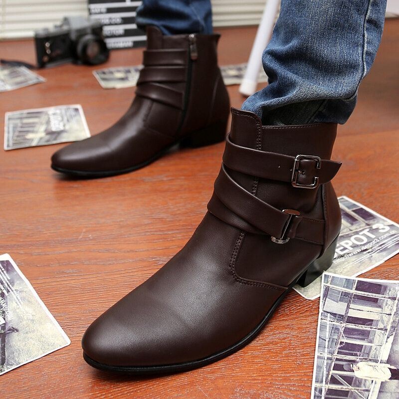 Męskie Skórzane Wygodne Miękkie Podeszwy Pointy Toe Vintage Zipper Pure Color Casual Boots