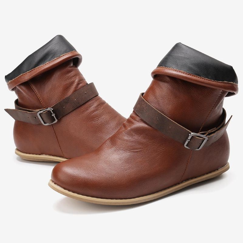 Plus Size Kobiety Retro Skórzany Pasek Klamry Okrągłe Toe Płaskie Botki