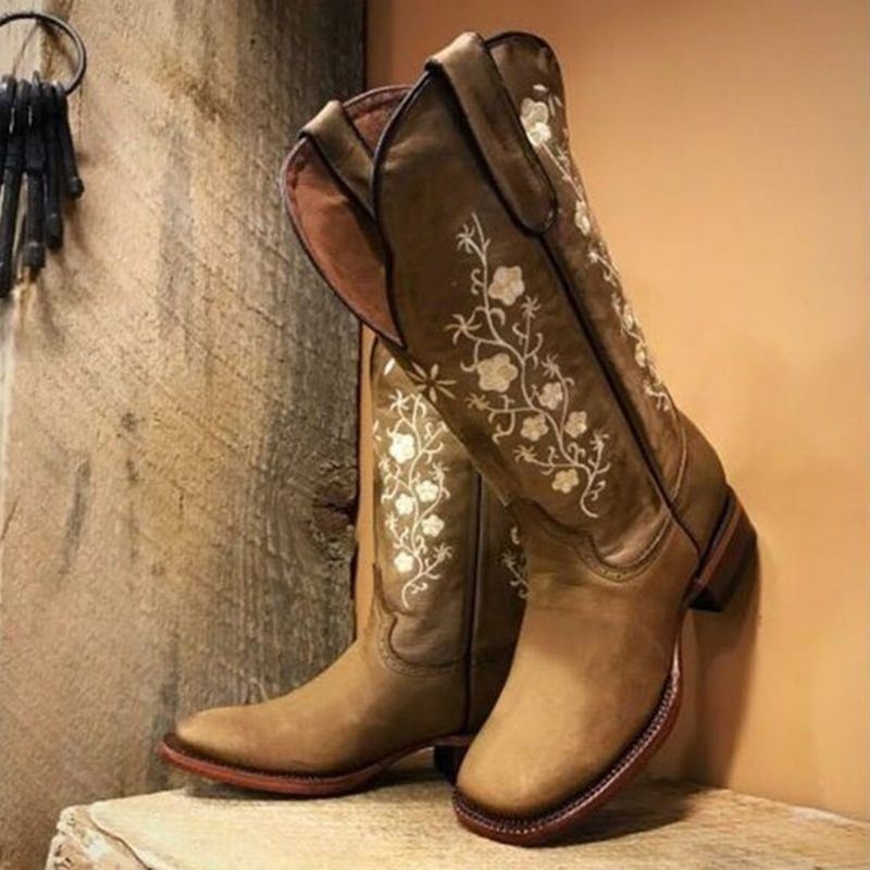 Retro Kwiaty Kwadratowy Nosek Slip On Połowy Łydki Blok Obcas Buty Kowbojskie Dla Kobiet