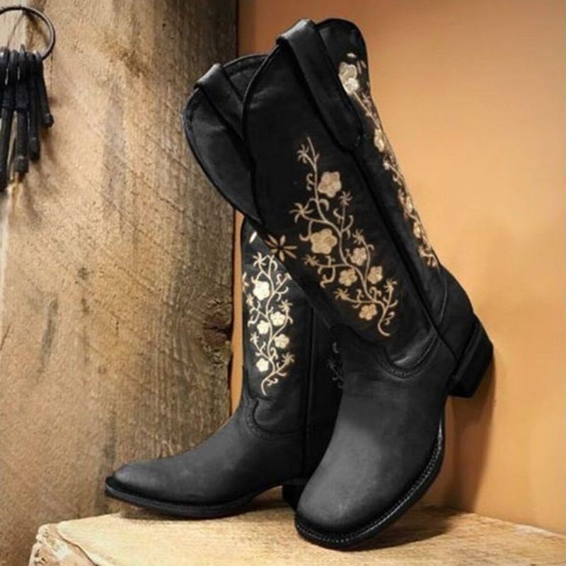 Retro Kwiaty Kwadratowy Nosek Slip On Połowy Łydki Blok Obcas Buty Kowbojskie Dla Kobiet