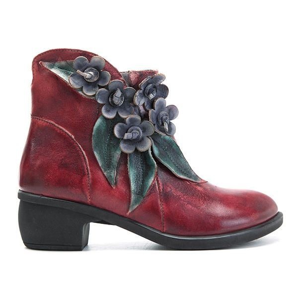 Vintage Ręcznie Robione Skórzane Buty Do Kostek W Kwiaty Dla Kobiet