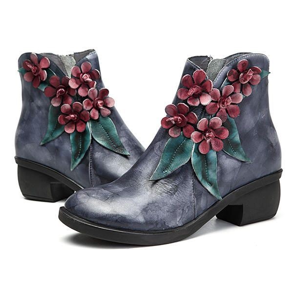 Vintage Ręcznie Robione Skórzane Buty Do Kostek W Kwiaty Dla Kobiet