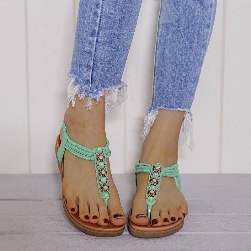 Damski Pasek W Kształcie Litery T Frezowanie Elastyczny Pasek Slip On Casual Beach Letnie Płaskie Sandały