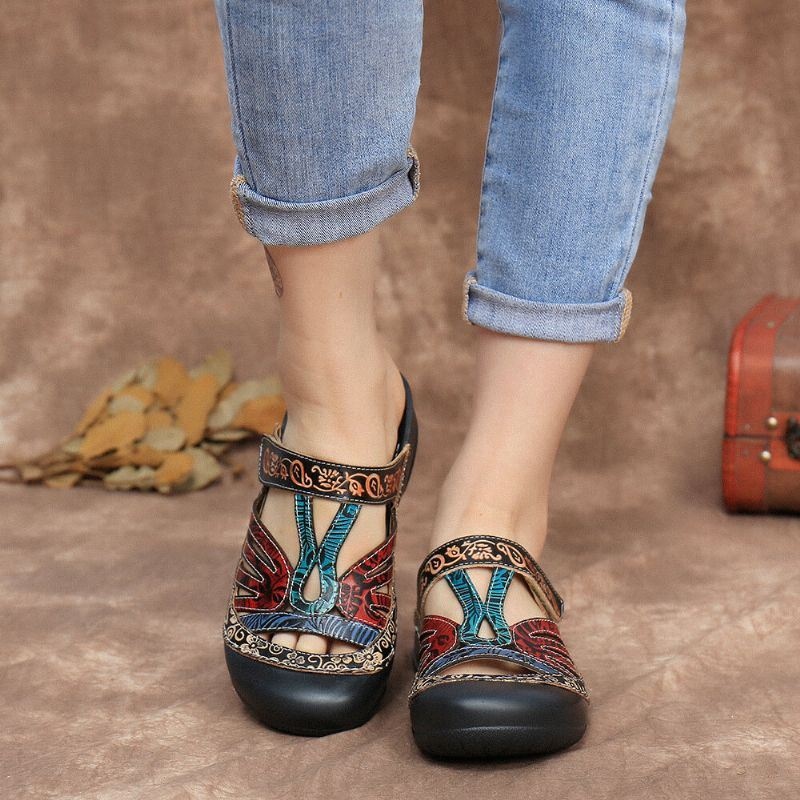 Damski Skórzany Kwiatowy Wycięcie W Stylu Vintage Regulowany Pasek Slip On Mules Drewniaki Płaskie Slajdy Sandały