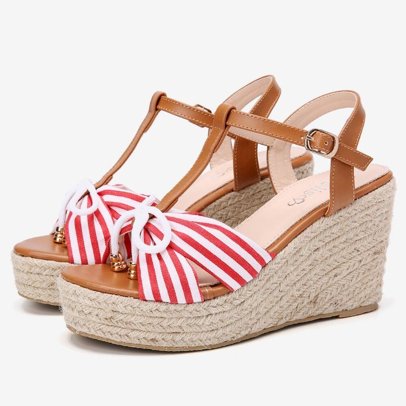 Damskie Espadryle W Paski W Paski Krzyżowy Pasek Na Co Dzień Plażowe Sandały Na Koturnie