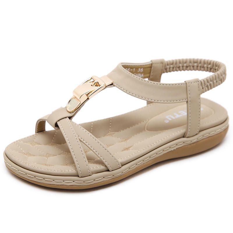 Damskie Metalowe Paski T Slip On Wygodne Miękkie Płaskie Sandały