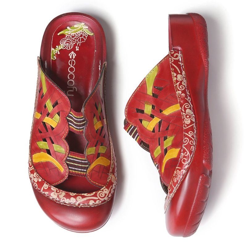 Damskie Ręcznie Robione Skórzane Kwieciste Gumki Z Wycięciem Szwy Slip On Slides Płaskie Klapki Sandały