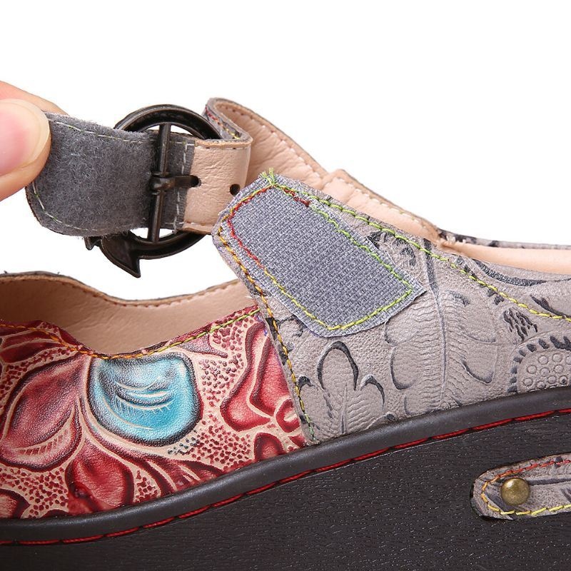 Damskie Retro Tłoczone Różowe Metalowe Liście Pasek Klamry Oryginalne Skórzane Buty