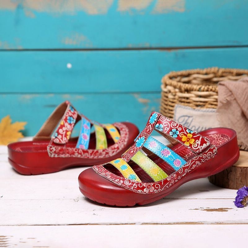 Damskie Skórzane Kontrastowe Łączenie Regulowany Pasek Slip On Mules Chodaki Płaskie Sandały