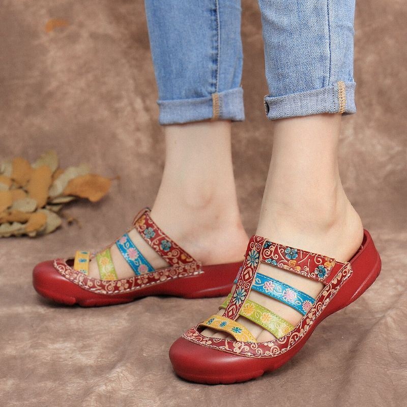 Damskie Skórzane Kontrastowe Łączenie Regulowany Pasek Slip On Mules Chodaki Płaskie Sandały